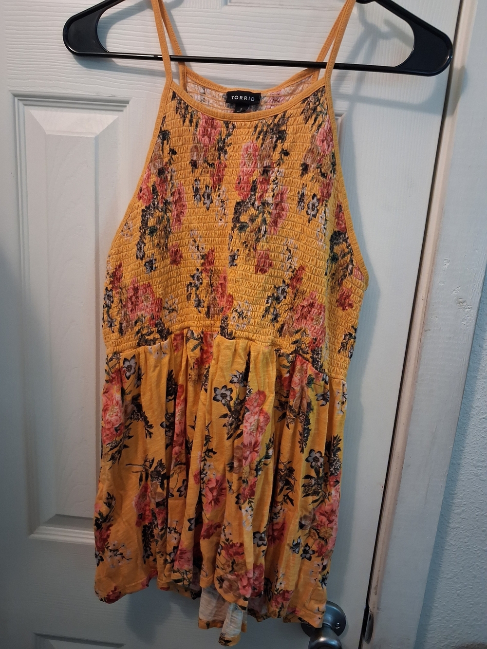 Torrid Mustard Yellow Floral Smocked Halter Mini Dress